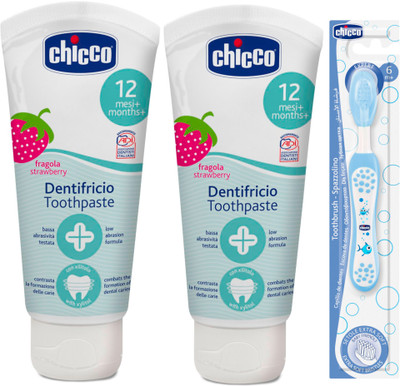 Chicco Strwaberry Toothpaste (12 m+), 50ml, Pack of 2 and Blue Toothbrush(Blue)
