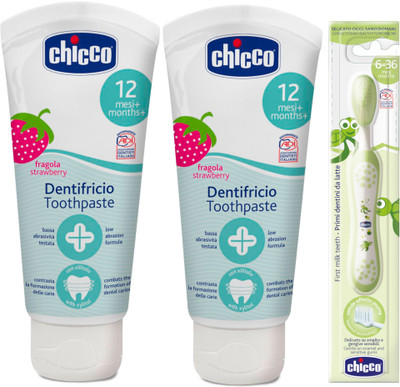 

Chicco Strwaberry Toothpaste (12 m+), 50ml, Pack of 2 and Green Toothbrush(Green)