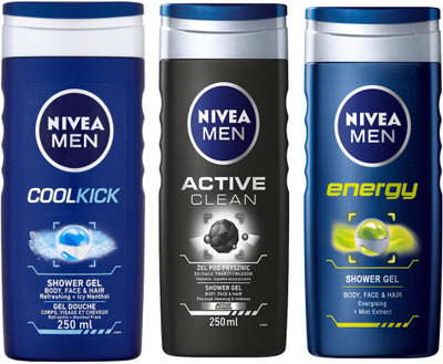 

Nivea MEN ACTIVE CLEAN SHOWER GEL 250 ML + MEN COOL KICK SHOWER GEL 250 ML + MEN ENERGY SHOWER GEL 250 ML(250 ml, Pack of 2)