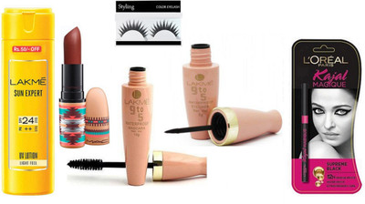 

Styling Of Eyelashes With Lekme 9 to 5 Eyeliner With Mascara & sun expert SPF 24, mac matte lipstick with MAgique kajal(Set of 6)