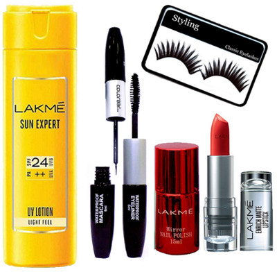 

styling Eyelashes, Lakme Sun Expert SPF 24 PA ++ Lotion, Colorbar 2in1 Eyeliner & Mascara , Lakme Red Colour Nail Polish , Lakme Enrich lipstick(Set of 7)