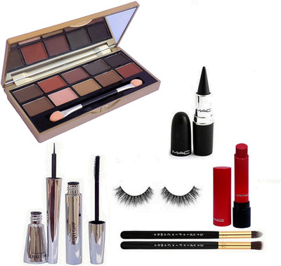 

Studio Fix Combo Makeup Brush SetOf 2&Eyelashes,Mac Brooke Candy Eyeliner,Mascara,10 Shade Eyeshadow Palette,Stick Kajal ,Liptensity Lipstick Rouge A Leveres(Set of 8)