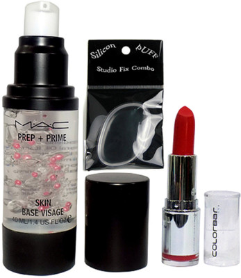 

Studio Fix Combo Silicon Puff&Mac Prep+Prime Skin Base Visage Face Primer Gel,Colorbar Rich Red Colour Lipstick(Set of 3)