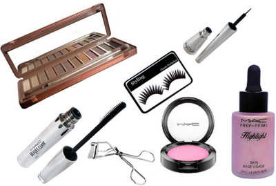 

styling Eyelashes&Curler&Naked 9 12 Shade Eyeshadow Palette&Mac Brooke Candy Eyeliner&Mascara&Pink Shade Blusher&Highlighter(Set of 7)