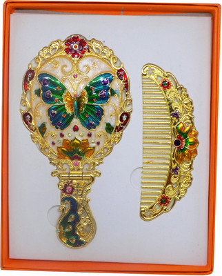

Confidence Large Unique Decorative Designed Folding Face Make Up Mirror With Hair Comb Fort Girls And Women, Multicolor(Set of 2)