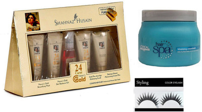 

styling Eyelashes & Shahnaz Husain 24 Carat Gold Facial Kit & Loreal Vitalizing Creambath Spa(Set of 3)