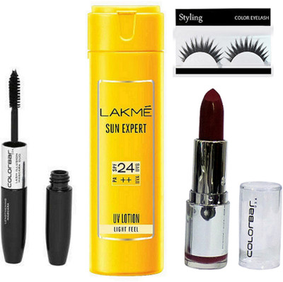 

Styling Eyelashes With Colorbar Eyeliner & mascara 2 in 1 & matte finish lipstick With Lakme Sun Expert Sunscreen Lotion(Set of 4)