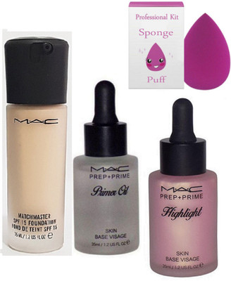 

Professional kit sponge puff , mac matchmaster spf 15 foundation found de teint with prep+prime highlight skin base visage & primer oil(Set of 4)