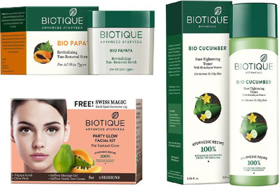 

BIOTIQUE BIO Bio Papaya Revitalizing Tan Removal Scrub, Bio Party Glow Facial Kit, Bio Cucumber Pore Tightening Toner(Set of 3)