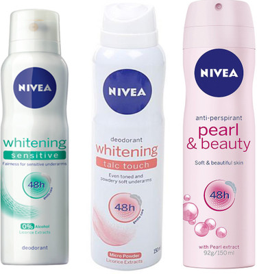 

Nivea PEARL & BEAUTY DEODORANT 150 ML +WHITENING TALC TOUCH DEODORANT 150 ML+WHITENING SENSITIVE SKIN DEODORANT 150 ML Deodorant Spray - For Men & Women(150 ml, Pack of 3)