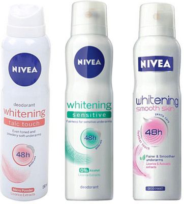 

Nivea WHITENING TALC TOUCH DEODORANT 150 ML +WHITENING SENSITIVE SKIN DEODORANT 150 ML+WHITENING SMOOTH SKIN DEODORANT 150 ML Deodorant Spray - For Men & Women(150 ml, Pack of 3)