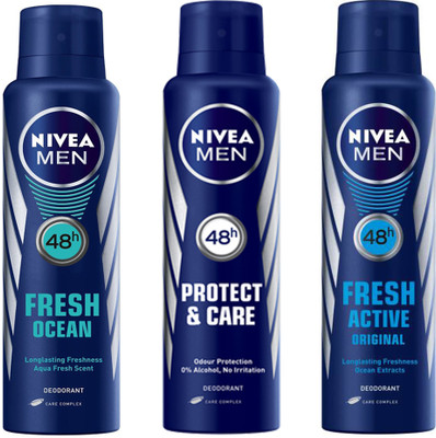 

Nivea MEN FRESH ACTIVE ORIGINAL BODY DEODORANT 150 ML +MEN PROTECT & CARE DEODORANT 150 ML+MEN FRESH OCEAN DEODORANT 120 Ml Deodorant Spray - For Men & Women(150 ml, Pack of 3)