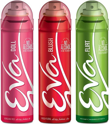 

EVA Deodorant Spray, Doll, Flirt & Blush ,125ml - Combo 3 Deodorant Spray - For Women (375 ml, Pack of 3) Deodorant Spray - For Women(375 ml, Pack of 3)