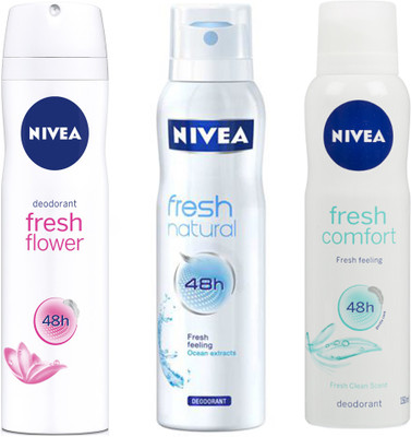 

Nivea FRESH NATURAL DEODORANT 150 ML + FRESH FLOWER DEODORANT 150 ML+FRESH COMFORT DEODORANT 150 ML Deodorant Spray - For Men & Women(150 ml, Pack of 3)