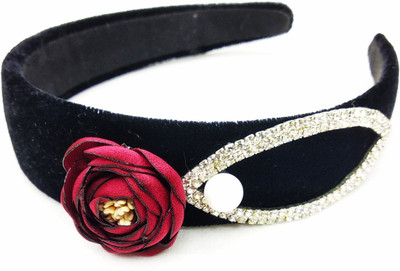 

fairytale velvet diamond studded with flower broad hair band Head Band(Maroon, Black, Silver)