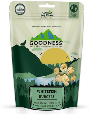 

Goodness Goodness Whitefish Burgers Dog Treat 60% Pure Whitefish Natural Grain-free Imega 3, No preservatives or colors(150 G) Fish Dog Treat(150 g)