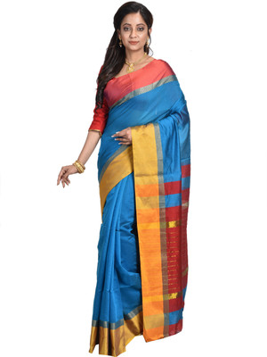 Rukmini Boutique Self Design, Striped, Woven Daily Wear Handloom Cotton Blend Saree(Blue)