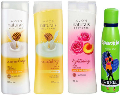 

Avon Anew Naturals Milk & Honey Hand & Body Lotion (200 ml) & one Naturals Milk & Honey Hand & Body Lotion (200 ml) & one Naturals Body Care Rose & Peach hand & body lotion (200 ml) With one sparkle perfume spray 150 ml(Set of 4)