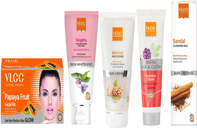 

VLCC Papaya fruit Kit 60g+Snigdha FW 100ml+Insta fairness 50g+Walnut 80g+ Sandal cleansing milk 100ml(Set of 5)