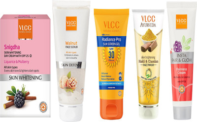 

VLCC Snigdha day 50g+Walnut 80g+Radiance pro sunscreen 50g+Haldi chandan FW 100ml+Insta Fairness 50gm(Set of 5)