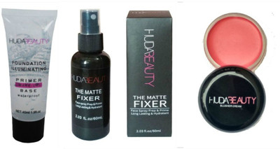 

Huda Beauty COMBO OF WATERPROOF PRIMER WITH BLUSHER CREAM & MATTE MAKEUP FIXER FOR LONG LASTING MAKEUP(Set of 3)