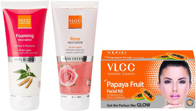 

VLCC Foaming Face wash 100ml + Rose face scrub 80g+ Papaya fruit Facial kit 60gm(Set of 3)