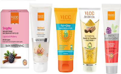 

VLCC Snigdha day 50g+Walnut 80g+Fair glow sunscreen gel 50g+Haldi chandan FW 100ml+Insta Fairness 50gm(Set of 5)