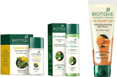 

BIOTIQUE BIO Dandelion Ageless Lightening Serum, Cucumber Pore Tightening Toner, Honey Gel Face Wash(Set of 3)