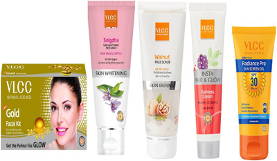 

VLCC Gold kit 60g+Snigdha FW 100ml+Insta fairness 50g+Walnut 80g+Radiance pro sunscreen 50g(Set of 5)