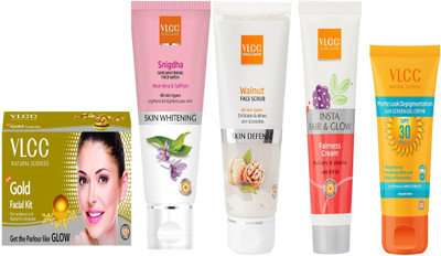 

VLCC Gold kit 60g+Snigdha FW 100ml+Insta fairness 50g+Walnut 80g+Matte look depig spf 30 sunscreen 50g(Set of 5)