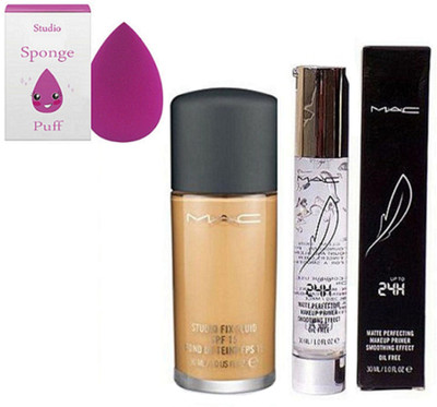 

studio Sponge Puff, Mac Fix Fluid Liquid Foundation With 24H Matte Finish Primer(Set of 3)