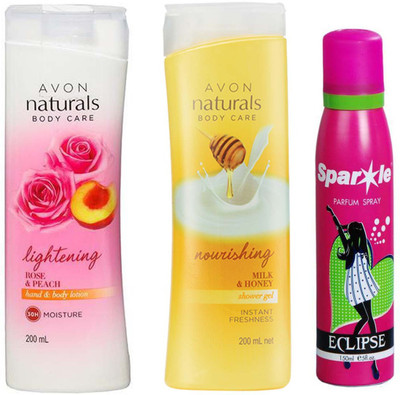 

Avon Anew Naturals Body Care Rose & Peach hand & body lotion (200 ml) & one Naturals Body Care Nourishing Milk & Honey Shower Gel (200 ml) With one sparkle perfume spray 150 ml(Set of 3)