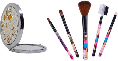 

Majik Different Shapes Makeup Brushes And Foldable Compact Mirror For Women And Girl Use(Set of 6)