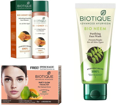 

BIOTIQUE BIO Bio Party Glow Facial Kit, Bio Honey Gel Refreshing Foaming Face Cleanser For All Skin Types, Bio Neem Purifying Face Wash(Set of 3)