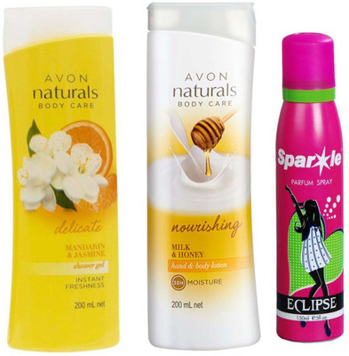 

Avon Anew Naturals mandarin & jasmine shower gel (200 ml) & one Naturals Milk & Honey Hand & Body Lotion (200 ml) With one sparkle perfume spray 150 ml(Set of 3)