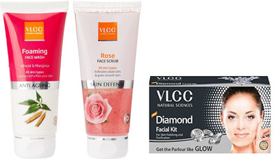 

VLCC Foaming Face wash 100ml + Rose face scrub 80g+ Diamond Facial kit 50gm(Set of 3)