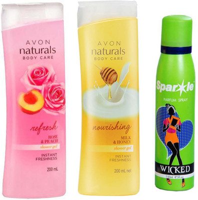 

Avon Anew Naturals Body Care Nourishing Milk & Honey Shower Gel (200 ml) & one Naturals Body care Rose & Peach Shower Gel (200 ml) With one sparkle perfume spray 150 ml(Set of 3)