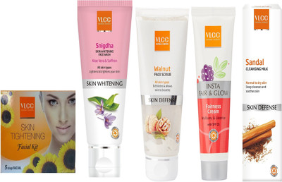 

VLCC Skin Tightening mini kit 25g+Snigdha FW 100ml+Insta fairness 50g+Walnut 80g+ Rose water toner 100ml(Set of 5)