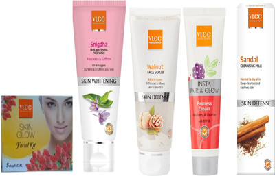

VLCC Skin glow mini kit 25g+Snigdha FW 100ml+Insta fairness 50g+Walnut 80g+ Sandal cleansing milk 100ml(Set of 5)