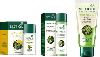 

BIOTIQUE BIO Dandelion Ageless Lightening Serum, Cucumber Pore Tightening Toner, neem face wash(Set of 3)