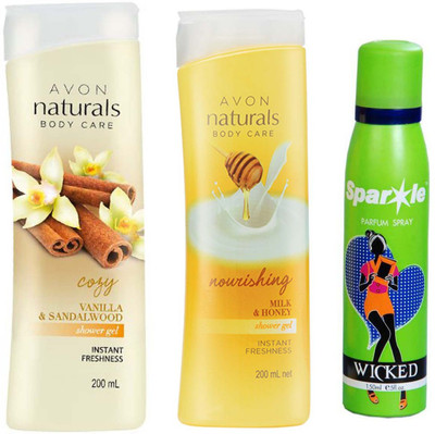 

Avon Anew vanilla sandalwood shower gel 200 ml & Naturals Body Care Nourishing Milk & Honey Shower Gel (200 ml) With one sparkle perfume spray 150 ml(Set of 3)