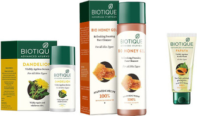 

BIOTIQUE BIO Dandelion Ageless Lightening Serum, Honey Gel Refreshing Foaming Face cleanser, papaya face wash(Set of 3)