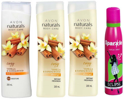 

Avon Anew vanilla sandalwood hand & body lotion 200 ml & two vanilla sandalwood shower gel 200 ml With one sparkle perfume spray 150 ml(Set of 4)
