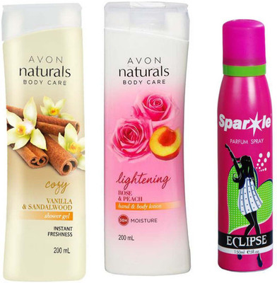 

Avon Anew vanilla sandalwood shower gel 200 ml & one Naturals Body Care Rose & Peach hand & body lotion (200 ml) With one sparkle perfume spray 150 ml(Set of 3)