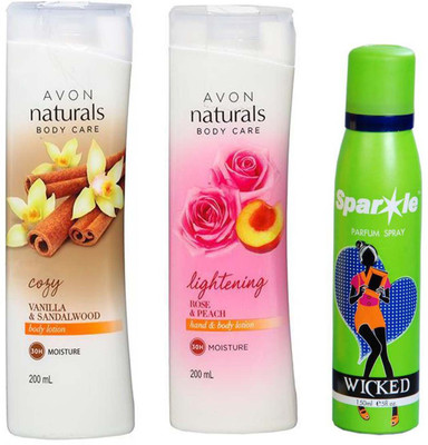 

Avon Anew vanilla sandalwood body lotion 200 ml & Naturals Body Care Rose & Peach hand & body lotion (200 ml) With one sparkle perfume spray 150 ml(Set of 3)