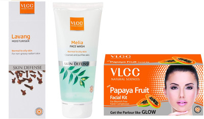 

VLCC Lavang moisturiser 100ml+Melia Face wash 80ml + Papaya fruit Facial kit 60gm(Set of 3)
