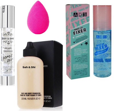 

sah&Shi Pearl Primer Oil Free Pores Zero with Mac Face & Body Foundation ,Sponge (Puff) And ADS Makeup Fixer(Set of 4)
