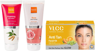

VLCC Foaming Face wash 100ml + Rose face scrub 80g+ Anti Tan Facial kit 60gm(Set of 3)