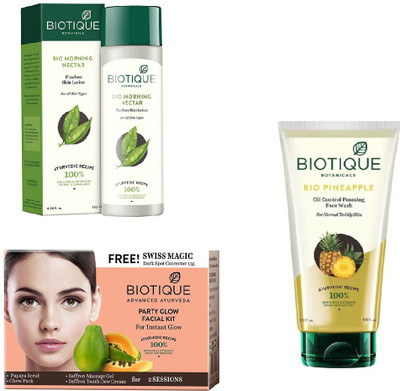 

BIOTIQUE BIO Bio Morning Nectar Flawless Skin Lotion, Bio Party Glow Facial Kit, Bio Pineapple Oil Control Foaming Face Wash(Set of 3)