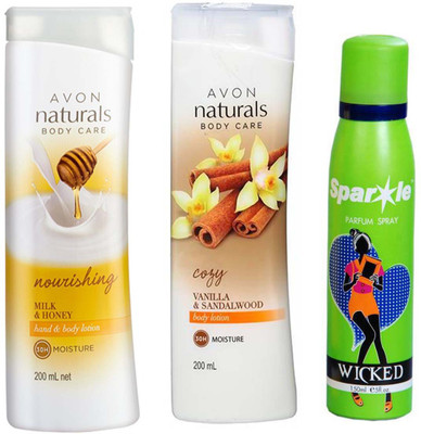 

Avon Anew Naturals Milk & Honey Hand & Body Lotion (200 ml) & one vanilla sandalwood hand and body lotion 200 ml With one sparkle perfume spray 150 ml(Set of 3)